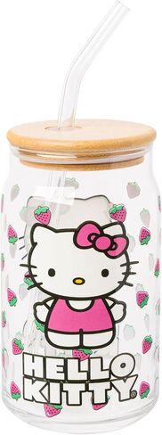 Silver Buffalo Hello Kitty Strawberry Design Glass Tumbler with Bamboo Lid and Glass Straw, 16 Ounces in Saudi Arabia