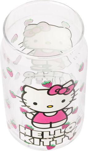 Silver Buffalo Hello Kitty Strawberry Design Glass Tumbler with Bamboo Lid and Glass Straw, 16 Ounces in Saudi Arabia