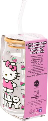 Silver Buffalo Hello Kitty Strawberry Design Glass Tumbler with Bamboo Lid and Glass Straw, 16 Ounces in Saudi Arabia