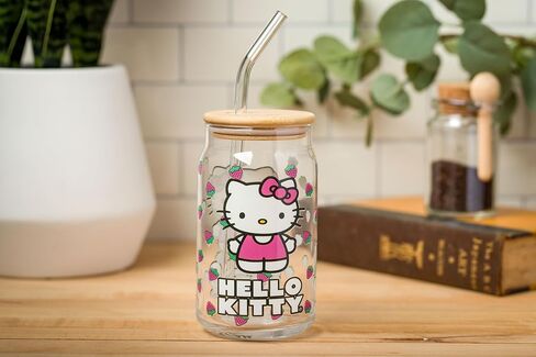 Silver Buffalo Hello Kitty Strawberry Design Glass Tumbler with Bamboo Lid and Glass Straw, 16 Ounces in Saudi Arabia