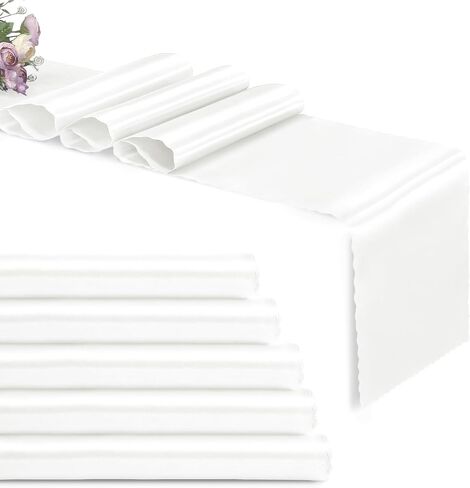 Set of 5 White Satin Table Runners, 12" x 108" Long Bright & Smooth Table Runner with Scalloped Edges, Satin Table Cloth Table Runner Decor for Wedding, Party, Banquet in Saudi Arabia