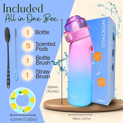 Air Water Bottle 650ml – Water Bottle With 5 Scented Pods, 0% Sugar BPA Free Cup with Bottle & Straw Brushes | Suitable for Outdoor | Sports | Gift Idea (New Black + 5 Pods) in Saudi Arabia