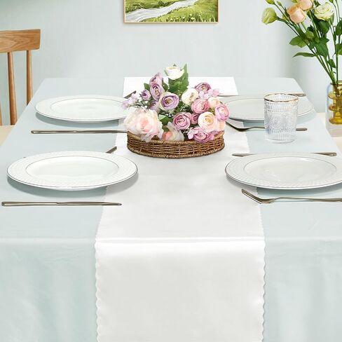 Set of 5 White Satin Table Runners, 12" x 108" Long Bright & Smooth Table Runner with Scalloped Edges, Satin Table Cloth Table Runner Decor for Wedding, Party, Banquet in Saudi Arabia