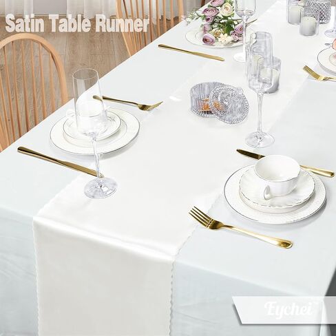 Set of 5 White Satin Table Runners, 12" x 108" Long Bright & Smooth Table Runner with Scalloped Edges, Satin Table Cloth Table Runner Decor for Wedding, Party, Banquet in Saudi Arabia