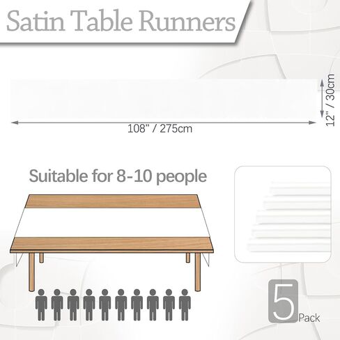Set of 5 White Satin Table Runners, 12" x 108" Long Bright & Smooth Table Runner with Scalloped Edges, Satin Table Cloth Table Runner Decor for Wedding, Party, Banquet in Saudi Arabia