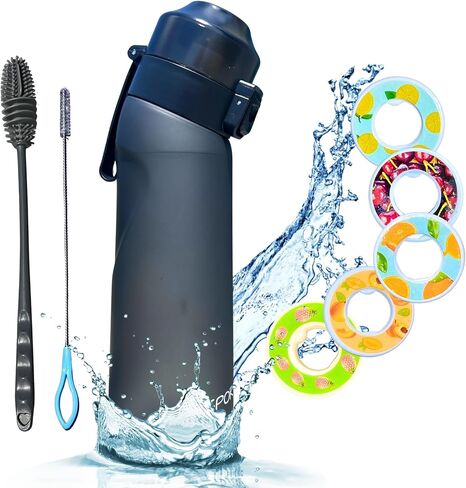 Air Water Bottle 650ml – Water Bottle With 5 Scented Pods, 0% Sugar BPA Free Cup with Bottle & Straw Brushes | Suitable for Outdoor | Sports | Gift Idea (New Black + 5 Pods) in Saudi Arabia