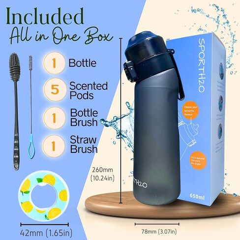 Air Water Bottle 650ml – Water Bottle With 5 Scented Pods, 0% Sugar BPA Free Cup with Bottle & Straw Brushes | Suitable for Outdoor | Sports | Gift Idea (New Black + 5 Pods) in Saudi Arabia