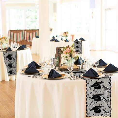 مفرش طاولة التخرج من الدانتيل مقاس 72 بوصة - ديكورات حفلات التخرج 2024 للطاولة - ديكور مركزي لسطح طاولة التخرج - ديكورات قبعة التخرج للمنزل وغرفة الطعام والمطبخ (أسود) in Kuwait