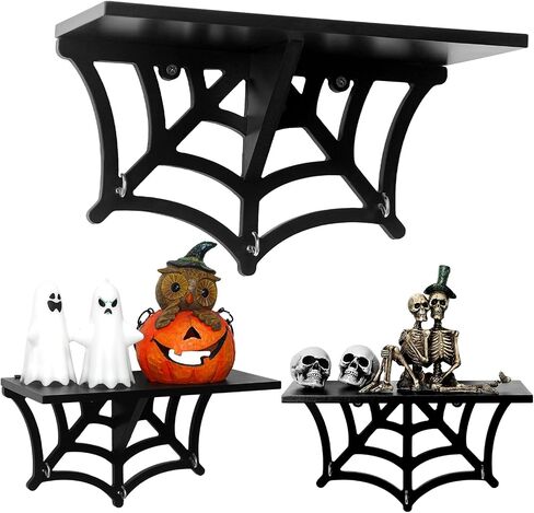 2 Pcs Spider Web Shelf Halloween Hanging Shelf Spooky Floating Shelves Wood Gothic Shelf with Hooks Black Goth Wall Decor for Oddities and Curiosities Home Kitchen Bathroom Display in Saudi Arabia