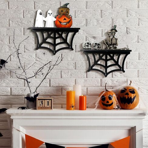 2 Pcs Spider Web Shelf Halloween Hanging Shelf Spooky Floating Shelves Wood Gothic Shelf with Hooks Black Goth Wall Decor for Oddities and Curiosities Home Kitchen Bathroom Display in Saudi Arabia
