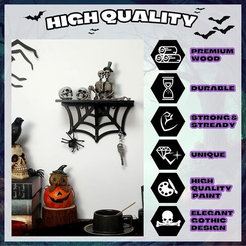 2 Pcs Spider Web Shelf Halloween Hanging Shelf Spooky Floating Shelves Wood Gothic Shelf with Hooks Black Goth Wall Decor for Oddities and Curiosities Home Kitchen Bathroom Display in Saudi Arabia