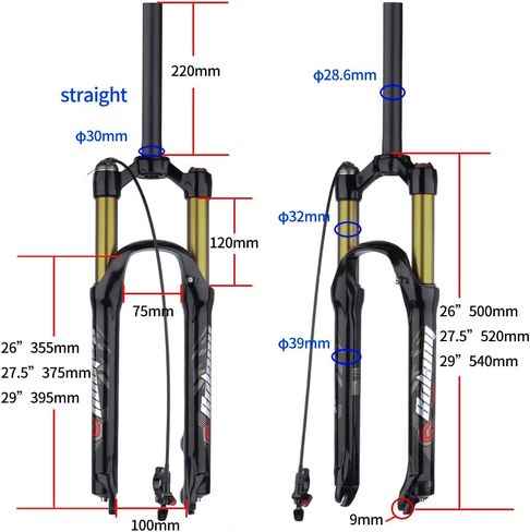 BOLANY 26/27.5/29 بوصة شوكة تعليق هوائية للدراجة 120 مم ارتداد السفر ضبط 1/8 أنبوب مستقيم/مدبب دليل/قفل عن بعد شوكة دراجة QR 9 مم شوكة أمامية MTB in Kuwait