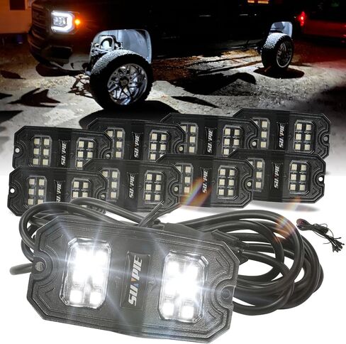 SUNPIE 8 Pods Pure White LED Rock Lights Wide Angle 6000K for Off Road Truck Car ATV UTV SUV Motorcycle Under Body Glow Light Lamp Fender Lighting, Extension Wires Provided in Kuwait