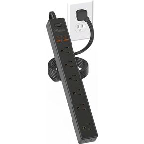 واقي من التيار الكهربائي بطول 10 أقدام - 7 منافذ و4 منافذ USB (2 USB C)، سلك تمديد مسطح رفيع للغاية Maxpw ومقبس مسطح، 1700 جول، حامل على الحائط، محطة شحن مكتبية للمنزل والمكتب، أسود