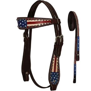 Tahoe Tack Patriotic Hand Painted American Flag Western Browband Headstall with Matching Reins