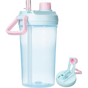 12oz Toddler Water Bottle With Straw, Leak-Proof Plastic Kids Water Bottles for School Boys Girls, Toddler Straw Cups with Handle for Travel, BPA Free, PINK