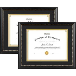 Golden State Art, 8.5X11 Diploma Frame, Solid Wood Black with Gold Trim Certificate Frame, 8.5X11 Inch or 11X14 Diploma Without Mat, Real Glass Front with Black Over Gold Double Mat -1 Pack