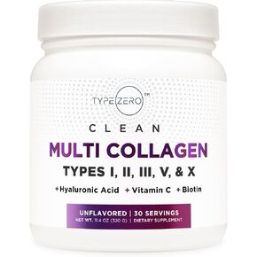 Type Zero Multi Collagen Powder 30 Servings (Unflavored) - Types I, II, III, V, & X Collagen Peptides + Hyaluronic Acid, VIT C, Biotin