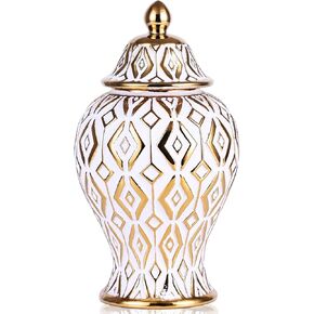 YUNSHID 11.81in Ceramic Decorative Ginger Jars with Lid for Decorations and Storage, White and Gold Vase for Flower for Living Room Bedroom Centerpiece