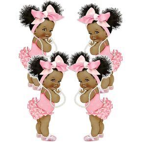 Baby Girl African American Cutouts with Ruffle Pants Big Head Bow Baby Shower Birthday Decoration One Sided Print (11 inches - 6pcs)