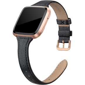 Leather Bands Compatible with Fitbit Versa 2 / Fitbit Versa Lite & SE/Fitbit Versa, Slim Thin Genuine Leather Replacement Strap for Versa Women (5.5" - 7.9"), Black, Champagne, Rose Gold, Tan