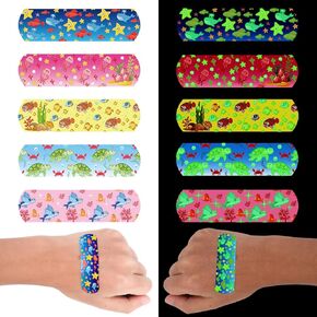 100pcs Luminous Cartoon Bandages with 5 Styles, 2.83x0.75in Flex Fabric Cartoon Bandages Waterproof Breathable Bandages to Protect Wounds for Adults Boys Girls(Dinosaur Style)