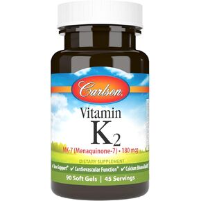 Carlson - Vitamin K2 MK-7 (Menaquinone), 90 mcg, Bone Support, Calcium Bioavailability, K2 Vitamin, Vitamin K-2, 120 Softgels