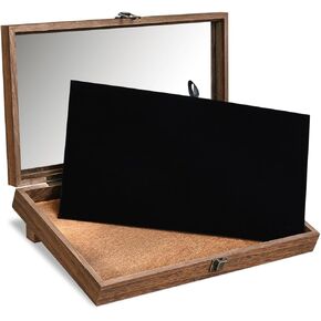 MOOCA Tempered-Glass Top Wooden Jewelry Display Case with Removable Base & Black Luxurious Velvet Jewelry Display Pad, Deeper 2.2" Design for Collectibles, Dual display options, Brown Color.