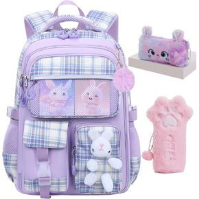 Cute Girls Backpack,Cute Rabbit Kids School Backpack for Girls with Pencil Case, Elementary School Bag for Girls 5-10 Year Old (Purple-16.5inch)