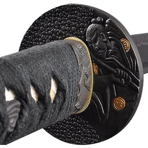 Handmade Sword - Japanese Samurai Katana Swords, Battle Ready, Hand Forged, 1045 Carbon Steel, Heat Tempered, Full Tang, Sharp, Japanese Portrait Tsuba, Black Scabbard Painted Landscape Painting