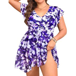 Aqua Eve Plus Size Swim Dress Swimsuits - Women Tummy Control One Piece Bathing Suit with Sleeve