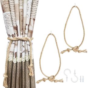 Adjustable Curtain Tiebacks Rope 2 Pack, 35 Inch Extra Long Curtain Tie Backs Wall Mounted with 2 Screw Hooks for Indoor Outdoor Curtain Tiebacks Drapery, Rustic Cotton Holdbacks Cream White