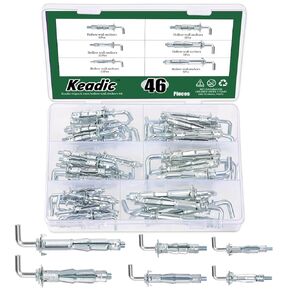 Keadic 46Pcs 6 Sizes Hollow Wall Anchor Screw Assortment Set, M4*32, M4*38, M5*37, M5*52, M6*52,M6*65, Heavy Duty Zinc Plated Steel Molly Bolts for Plasterboard Fixing (Round Ring)