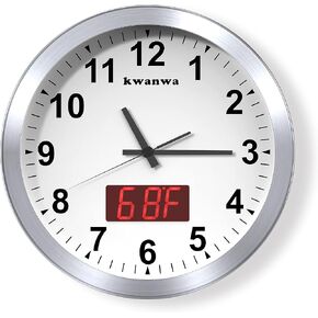KWANWA Wall Clock, 12 Inch Analog Clock with LED Digital Clock/LCD Time Date and Temperature Display, Battery Operated, Dial Ultra-Quiet Movement Quartz Wall Clock for Office Classroom School Bedroom