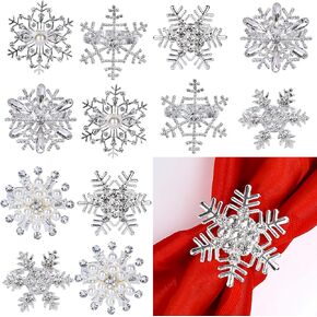 Whaline 12pcs Christmas Snowflake Napkin Rings Xmas Silver Snow Flake Napkin Buckles 6 Desgin Shiny Exquisite Snowflake Metallic Napkin Ring Holder for Xmas Party Wedding Holiday Dinner Table Decor