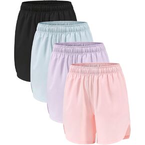 4 Packs Girls Athletic Shorts with Pockets Running Active Shorts Dry-Fit, Sports Workout Shorts for Kids Teens