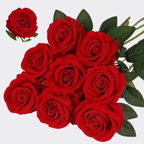 MARTINE MALL 8PCS Velvet Red Roses Artificial Flowers, Fake Roses Long Stem, Real Touch Faux Roses Bouquet Upgraded Artificial Red Roses for Home Wedding Party Office Hotel Centerpiece Arrangement
