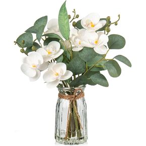 White Orchids Artificial Flowers with Vase Fake Flowers in Vase Artificial Eucalyptus Stems in Glass Vase with Faux Water Faux Orchid with Eucalyptus Leaves Arrangement for Dining Table Centerpiece