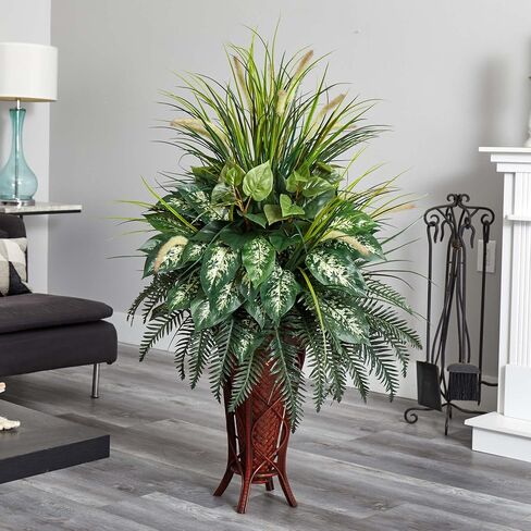 Nearly Natural 6727 3ft. Mixed Greens & Cattails with Planter, 26 x 26 x 36 inches, Green in Saudi Arabia