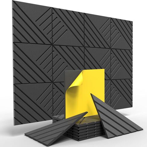 12 Pack Self-Adhesive Sound Proof Foam Panels for Walls, 12X12X0.4 Inches Acoustic Panels Sound Absorbing, High Density Soundproof Wall Panels for Home,Studio,Office Decoration(Black, Line Design) in Saudi Arabia