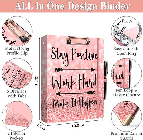 Lateefah 3 Ring Binder, 1 Inch Binder Organizer for Letter Size(8.5'' x 11'') with 5-Tab Dividers and Pockets, Portfolio Binder Cute Binder with Low Profile Clipboard for Office, School Supplies in Saudi Arabia
