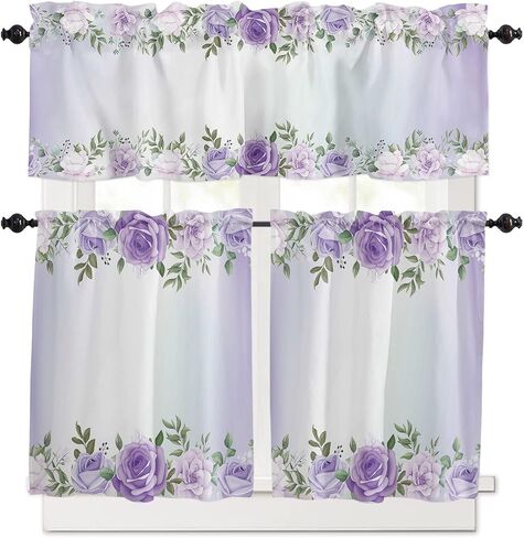 3 Piece Kitchen Curtains Valance and Tiers Set Rose Flower Purple Pink Rod Pocket Kitchen Curtain with Valance and Half Window Curtains for Cafe Bathroom and Laundry Room (Tier 24 Inches Long) in Saudi Arabia