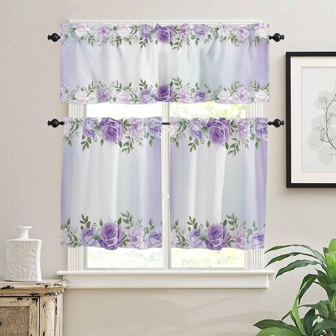 3 Piece Kitchen Curtains Valance and Tiers Set Rose Flower Purple Pink Rod Pocket Kitchen Curtain with Valance and Half Window Curtains for Cafe Bathroom and Laundry Room (Tier 24 Inches Long) in Saudi Arabia