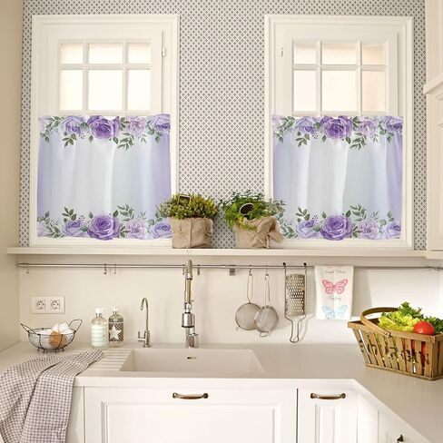 3 Piece Kitchen Curtains Valance and Tiers Set Rose Flower Purple Pink Rod Pocket Kitchen Curtain with Valance and Half Window Curtains for Cafe Bathroom and Laundry Room (Tier 24 Inches Long) in Saudi Arabia