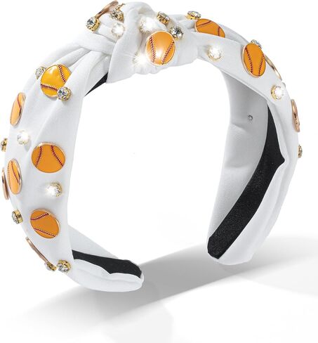 Sport Yellow Softball Headband for Women Sparkly Crystal Softball Charm Embellished Wide Knotted Headband for Women Game Day Top Knot Hairband Softball Mom Accessories Gift for Sports Fans(White) in Saudi Arabia
