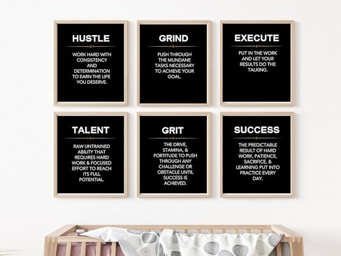 Wowsweet-Grind Hustle Execute Talent Grit Success - ملصقات ومطبوعات تحفيزية لرجال الأعمال، مجموعة من 6، لوحة قماشية فنية حديثة لديكور المكتب - بدون إطار (8 × 10 بوصة) in Kuwait