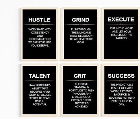 Wowsweet-Grind Hustle Execute Talent Grit Success - ملصقات ومطبوعات تحفيزية لرجال الأعمال، مجموعة من 6، لوحة قماشية فنية حديثة لديكور المكتب - بدون إطار (8 × 10 بوصة) in Kuwait