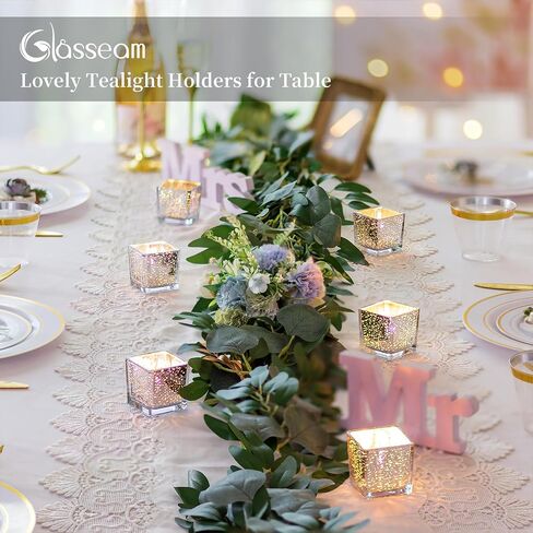 Glasseam Gold Candle Holders for Table Centerpiece, Square Tealight Candle Holder Set of 12, Small Mercury Glass Candle Holder for Tea Light, Glitter Votive Candle Holders for Wedding Table Decor in Saudi Arabia