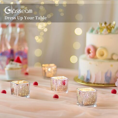 Glasseam Gold Candle Holders for Table Centerpiece, Square Tealight Candle Holder Set of 12, Small Mercury Glass Candle Holder for Tea Light, Glitter Votive Candle Holders for Wedding Table Decor in Saudi Arabia