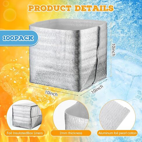 100 قطعة من بطانات الصناديق المعزولة بالرقائق مقاس 10 × 10 × 10 بوصة، صناديق شحن معزولة باللون الفضي، حقيبة حرارية مانعة للتسرب للأغذية المجمدة، حاويات شحن باردة عديمة الرائحة للأسماك المجمدة واللحوم ومستحضرات التجميل in Kuwait